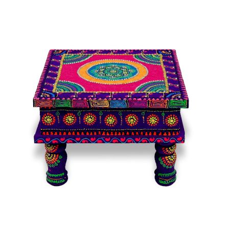 Handicraft Wooden Chourang Pooja Chowki in Purple and Pink